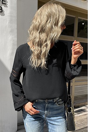 pure color round neck carved l ...