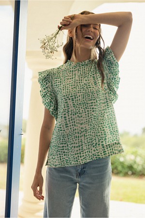 Print top with a frill mock ne ...