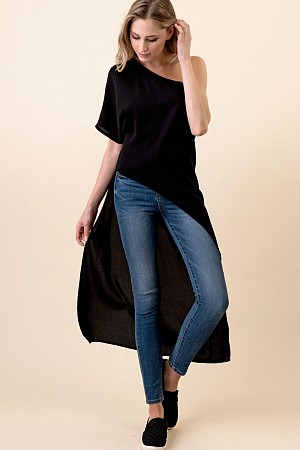 BLACK CREPE WOVEN ONE SHOULDER ...