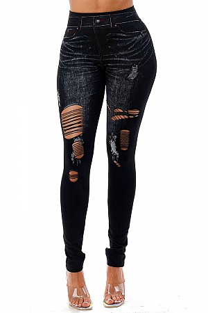 DISTRESSED FAUX DENIM JEANS LE ...