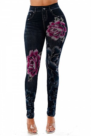 FLORAL PRINT FAUX DENIM JEANS  ...