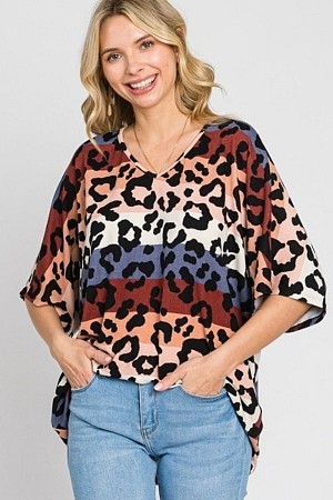 MULTI LEOPARD PRINT KNIT V-NEC ...