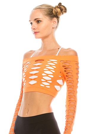 M/L SLASHED CROP LONG SLEEVE T ...