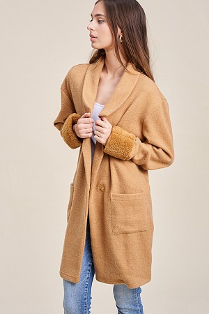 Knit Coat with faux fur cuffed ...