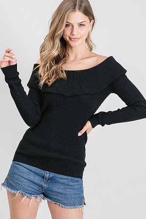 Off shoulder ruffle sweater to ...