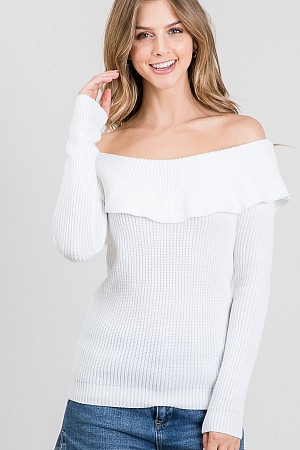 Off shoulder ruffle sweater to ...