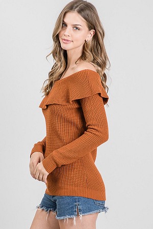 Off shoulder ruffle sweater to ...