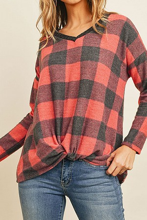 BRUSHED V NECK PLAID LONG SLEE ...