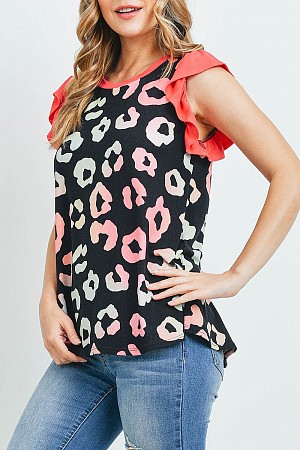 SOLID RUFFLE  SLEEVE ANIMAL PR ...