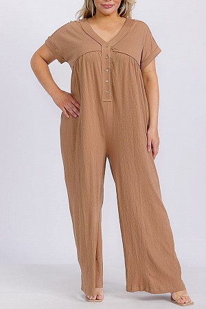 SOLID BUTTON UP V NECK WIDE LE ...