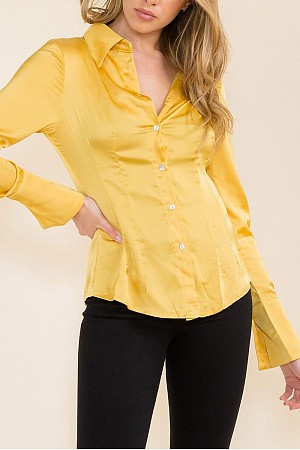 LONG SLEEVE BUTTON UP SATIN BL ...