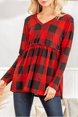 PLAID PRINT V NECK RUFFLE TUNI ...