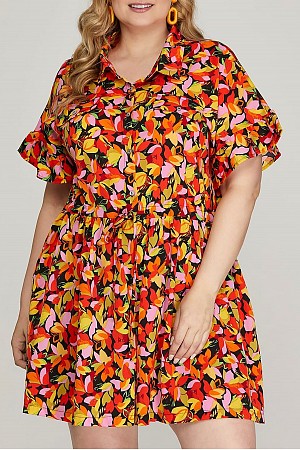 FLORAL RUFFLED SLEEVES DRAWSTR ...