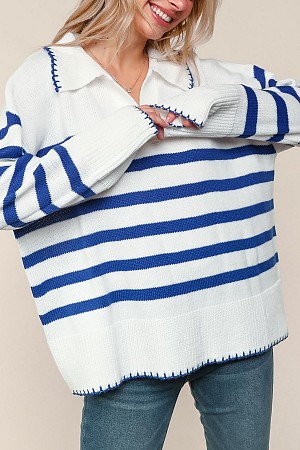 STRIPE KNIT COLLARED NOTCH V N ...