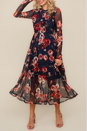 FLORAL PRINT LINED SEMI SHEER  ...