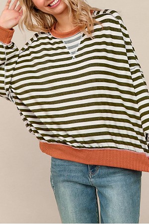 STRIPE CONTRAST CREW NECK LOOS ...