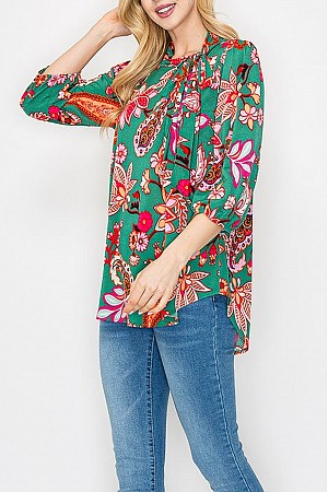 FLORAL PRINT TIE NECK 3/4 SLEE ...