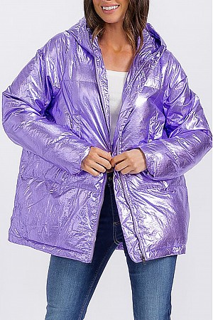 METALLIC PUFFER ZIP UP HOODED  ...
