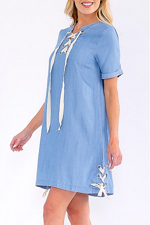 SOLID CHAMBRAY LACE UP MINI DR ...