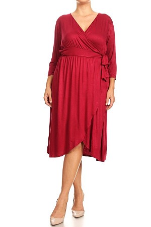 Solid midi dress with asymmetr ...