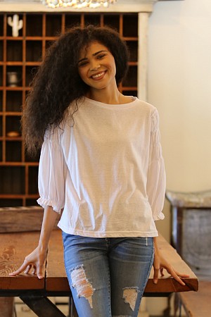 HEATHER KNIT SMOCKED SLEEVE TO ...