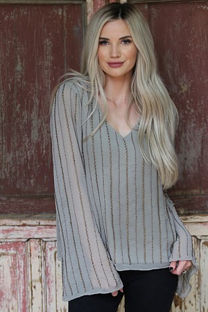 BEADED VNECK BELL SLEEVE TOP