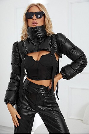 zippered high collar Crop cott ...