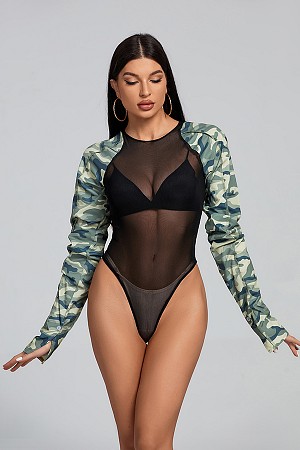 Camouflage Mesh Spliced Bodysu ...