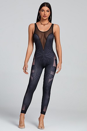 Mesh Spliced Sleeveless Jumpsu ...