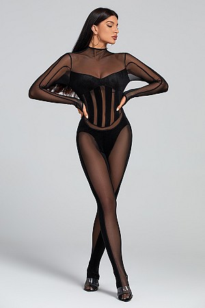 Mesh Long Sleeve Skinny Jumpsu ...