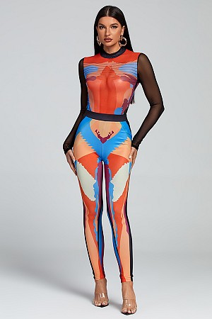 Printed Zipper Tops Pantsuits  ...