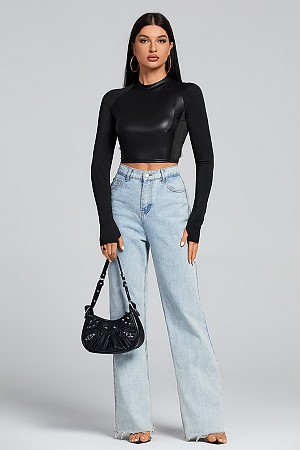 PU Leather Long Sleeve Blouse