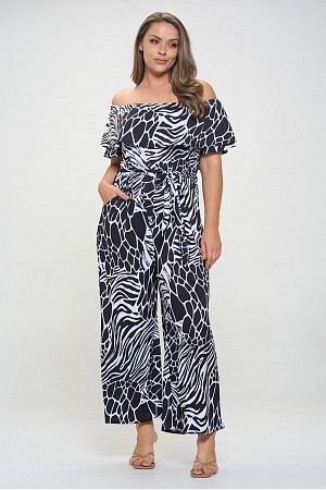 OFF SOULDER KNIT PRINT JUMPSUI ...