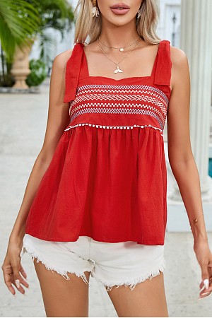 Red Embroidered Babydoll Tie S ...
