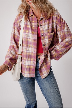 Plaid Print Chest Pocket Long  ...