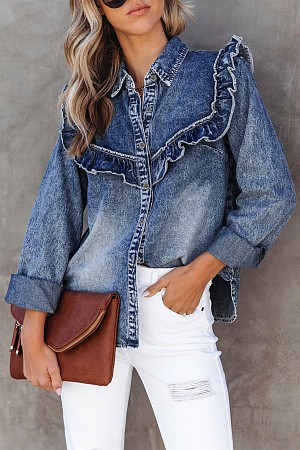 Wash Denim Ruffle Detail Butto ...